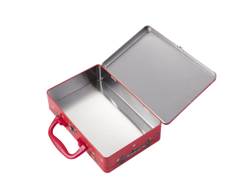 Rectangular hinged tin box with handle and clasp Rectangular hinged tin box with handle and clasp